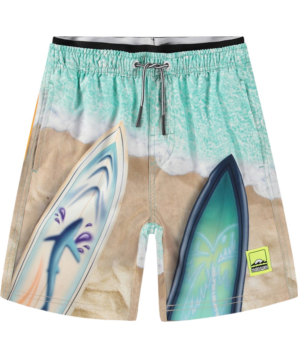 Neal - Surf Art - Knee-length beige and turquoise swimming shorts for active children in recycled polyester with UV protection 50+.