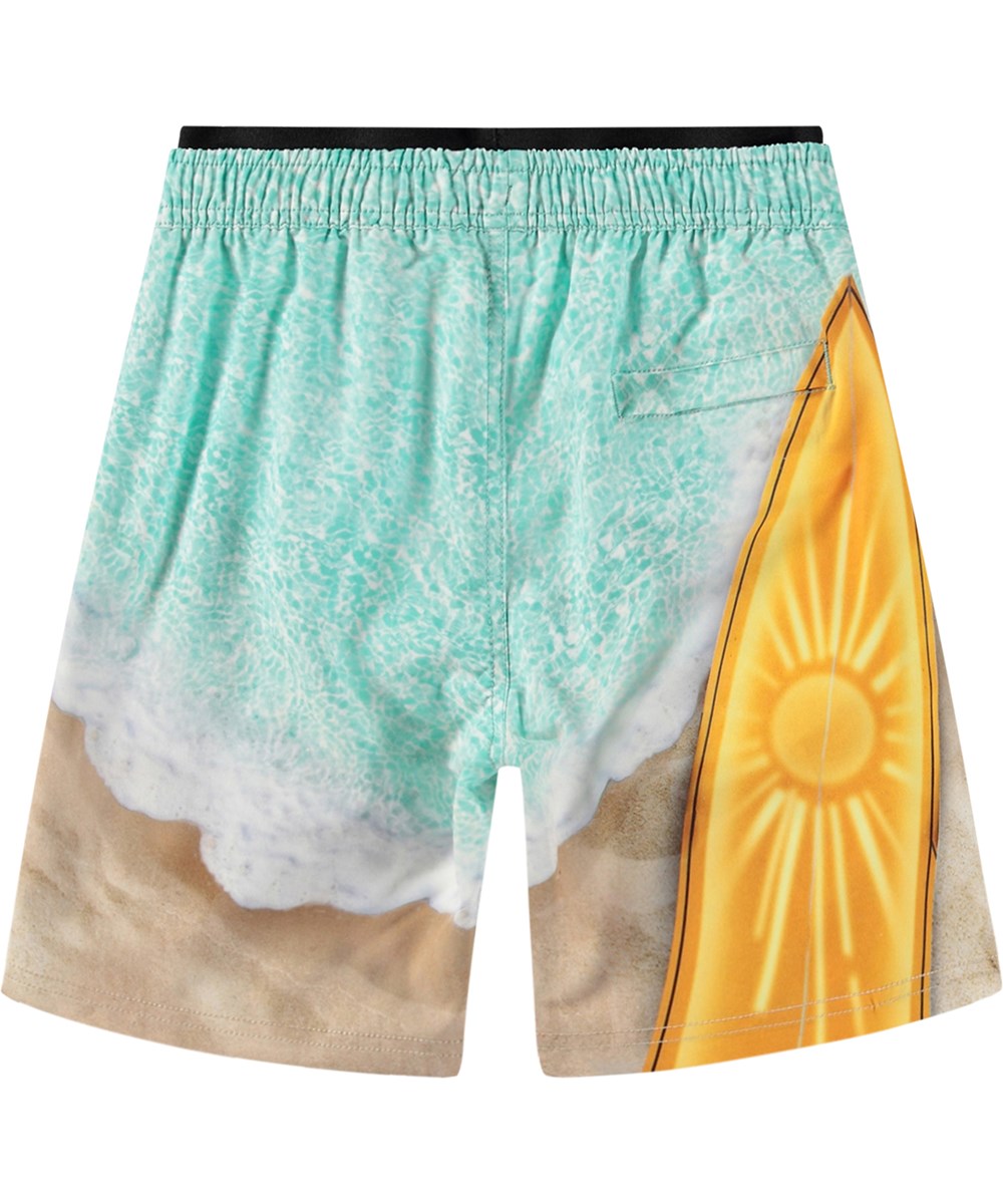 Neal - Surf Art - Knee-length beige and turquoise swimming shorts for active children in recycled polyester with UV protection 50+.