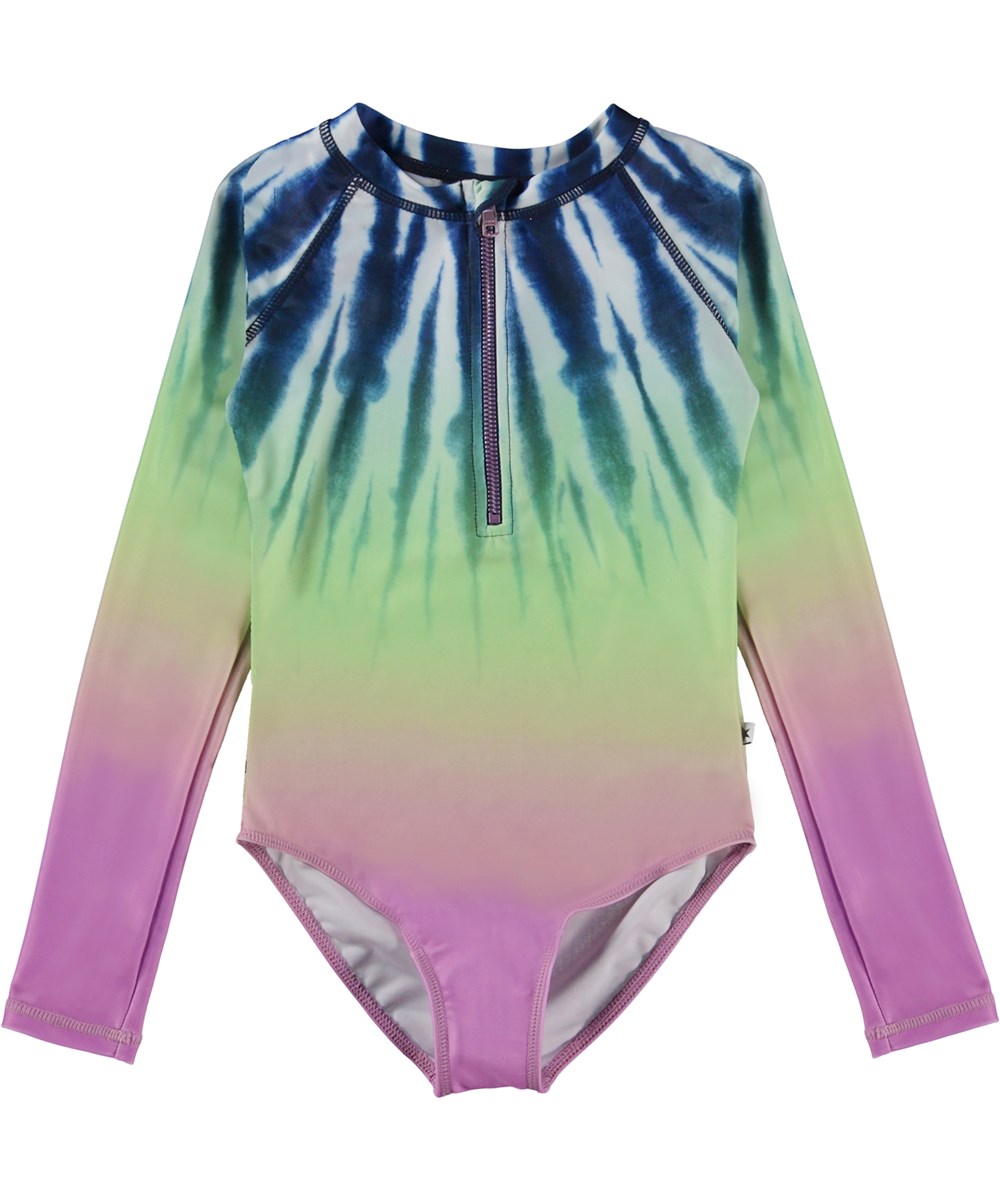 Necky - Faded Tie Dye - UV swimsuit in blue with light purple and tie-dye print 