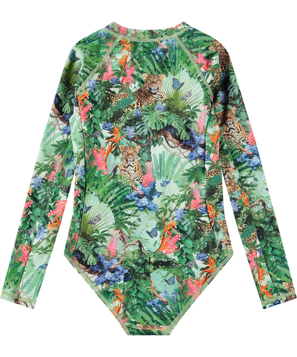 Necky - Green Tropical - Long-sleeved green swimsuit for active children in recycled polyester with UV protection 50+.