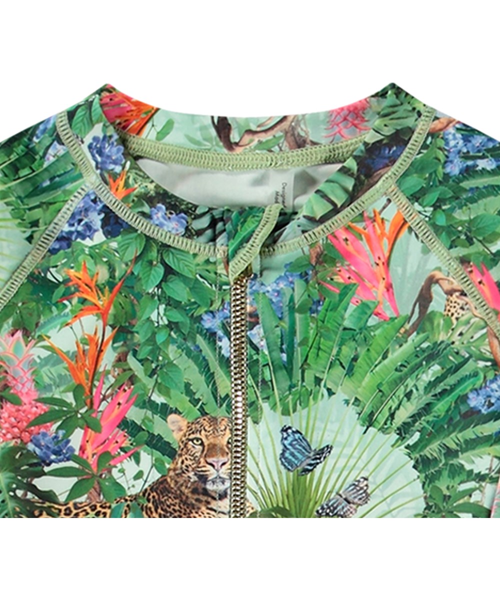 Necky - Green Tropical - Long-sleeved green swimsuit for active children in recycled polyester with UV protection 50+.