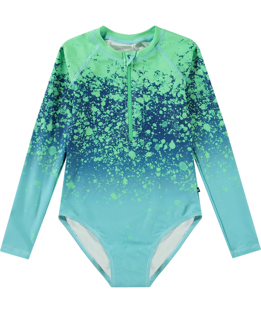 Necky - Splash - Long-sleeved blue and green swimsuit for active children in recycled polyester with UV protection 50+.