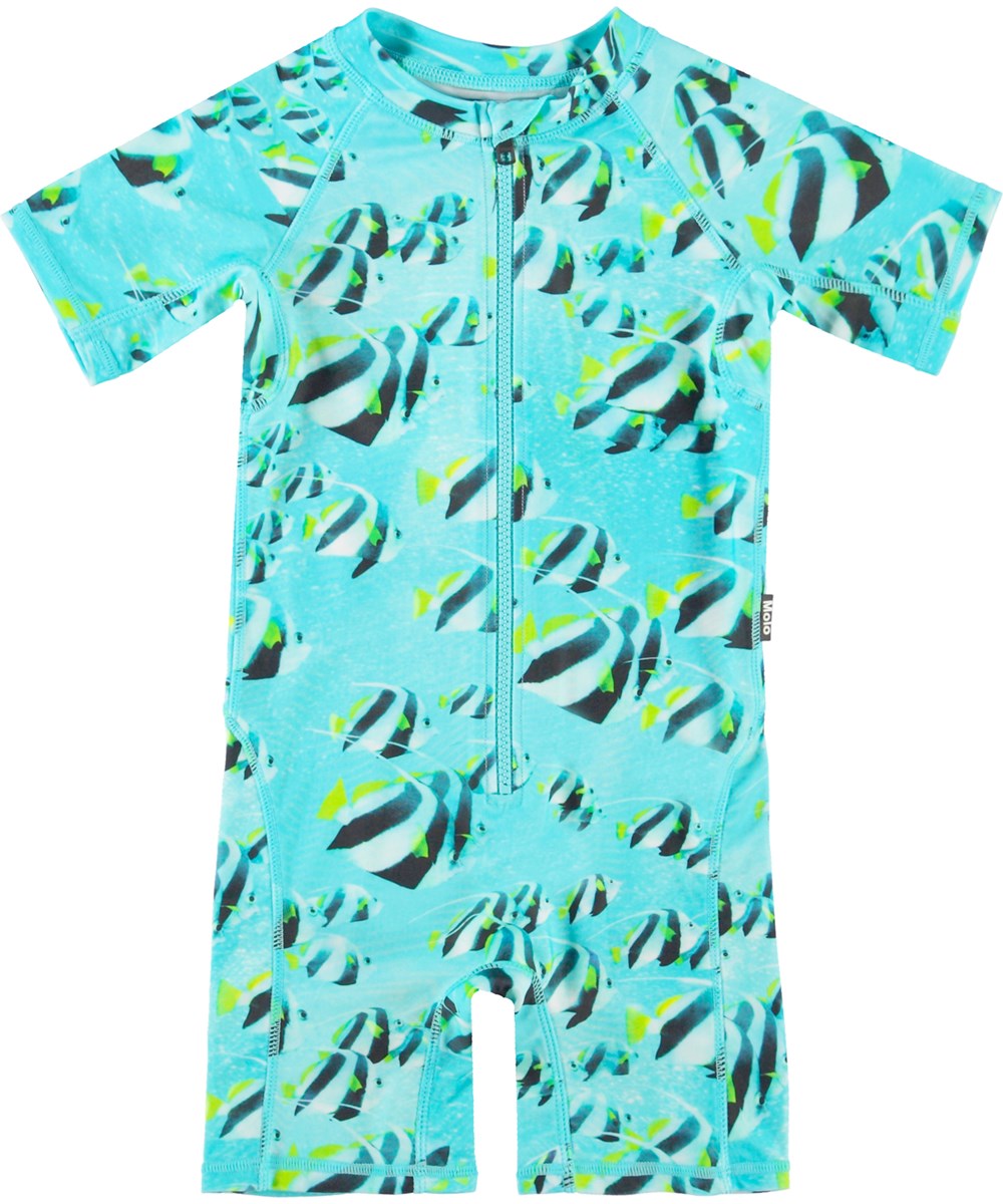 Neka - Fishing Shoal - Uv swimsuit in turquoise with fish print 