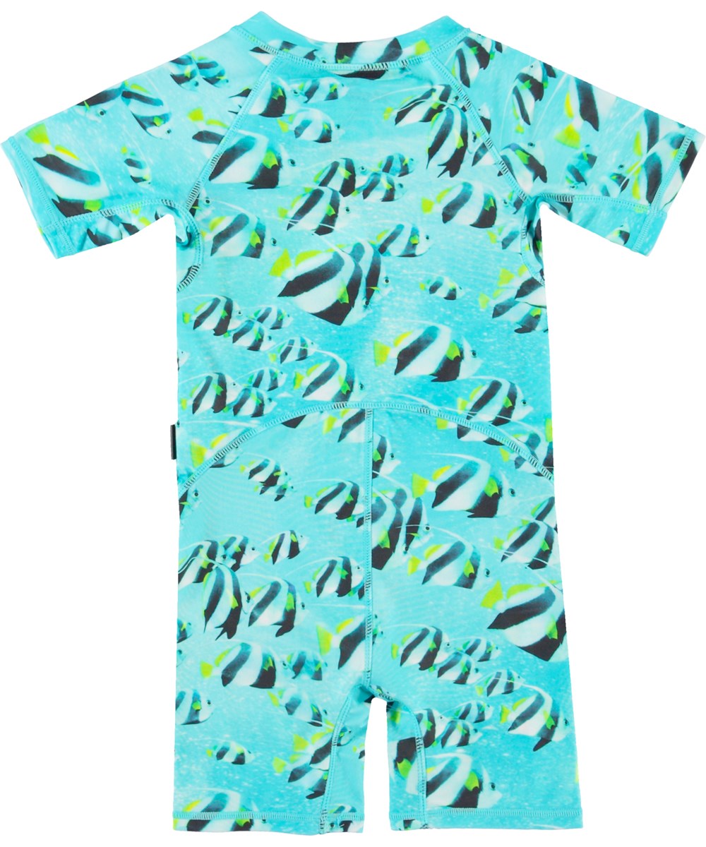 Neka - Fishing Shoal - Uv swimsuit in turquoise with fish print 