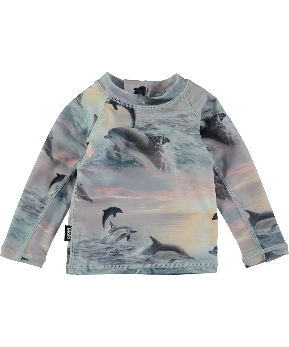 Nemo - Dolphins Sunset - Cool long sleeve baby rash guard with digital dolphin print