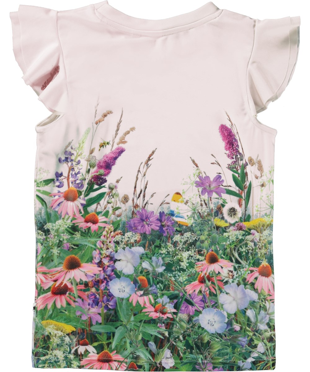 Neona - Wild Horses - Short sleeve rash guard with ruffles and print of flowers and horses 