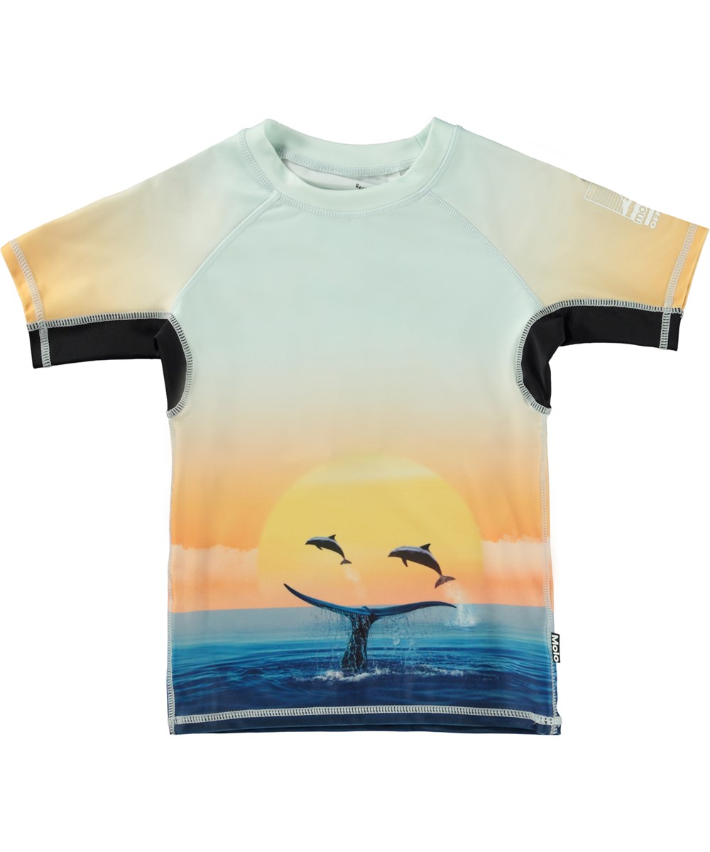 Neptune - Ocean Smile - Orange and blue rash guard with print of whales and dolphins 