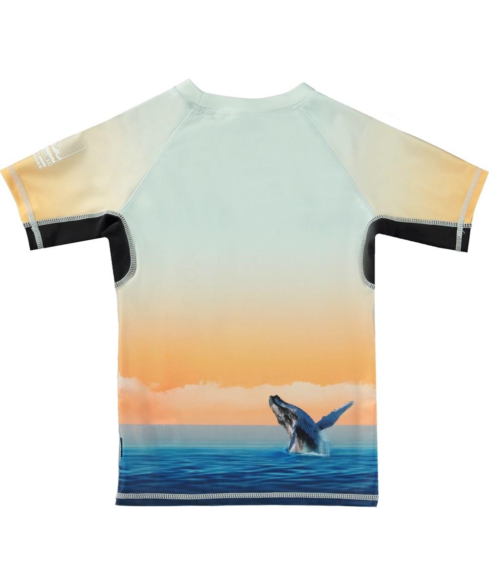 Neptune - Ocean Smile - Orange and blue rash guard with print of whales and dolphins 