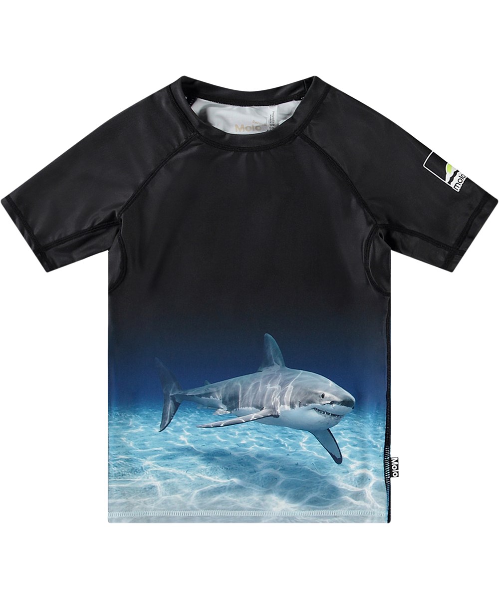 Neptune - Faded Shark - Black short sleeve rashguard for active chilldren  made from recycled polyester with UV protection 50+.
