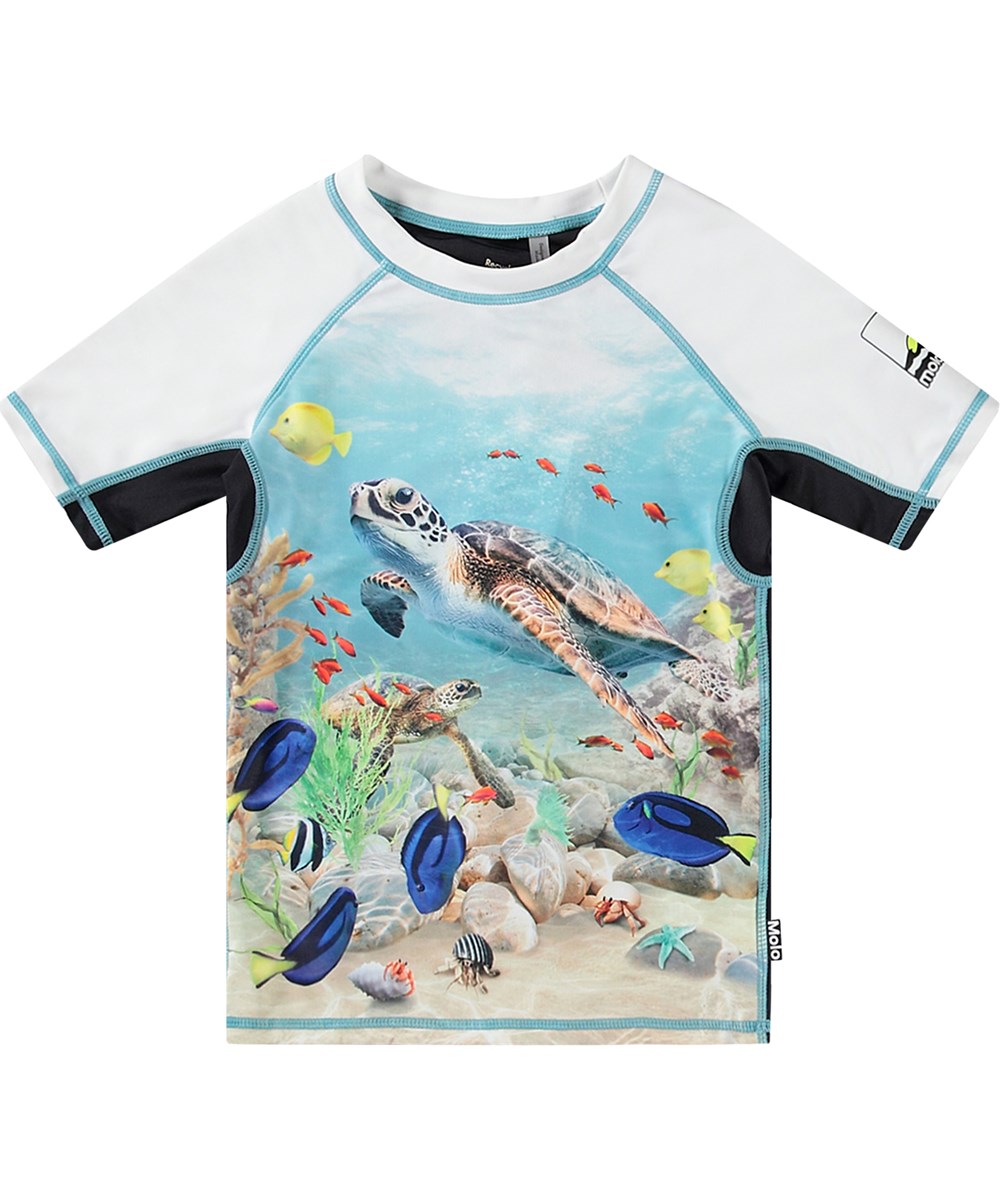 Neptune - Happy Ocean - White short sleeve rashguard for active children made from recycled polyester with UV protection 50+.