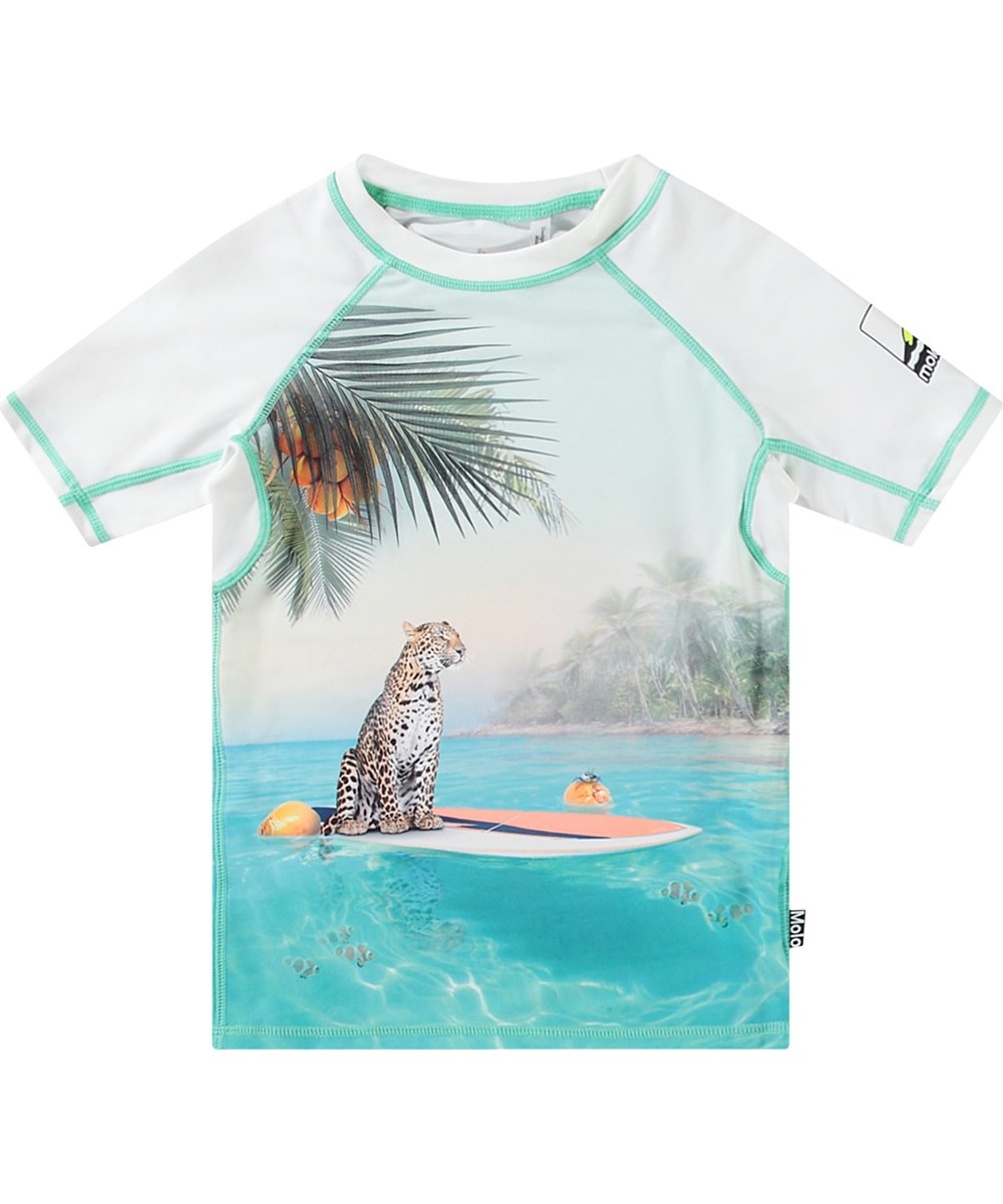 Neptune - Leo On Surf - White short sleeve rashguard for active children made from recycled polyester with UV protection 50+.