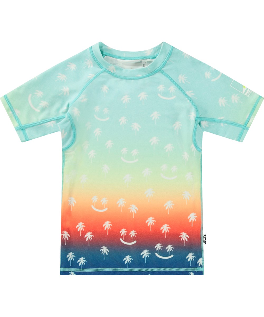 Neptune - Palmtree Smile - Rainbow-coloured short sleeve rashguard for active children made from recycled polyester with UV protection 50+.