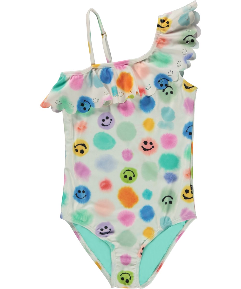 Net - Painted  Dots - Multi-coloured swimsuit with asymmetrical strap and all over watercolour print 
