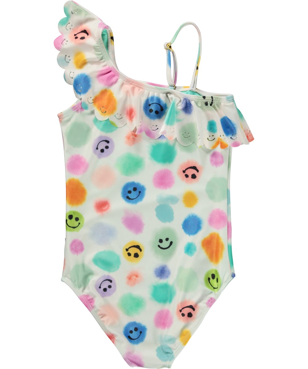 Net - Painted  Dots - Multi-coloured swimsuit with asymmetrical strap and all over watercolour print 