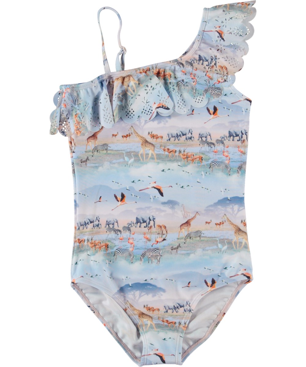 Net - Savannah Mist - Asymmetrical light blue swimsuit with animal print 