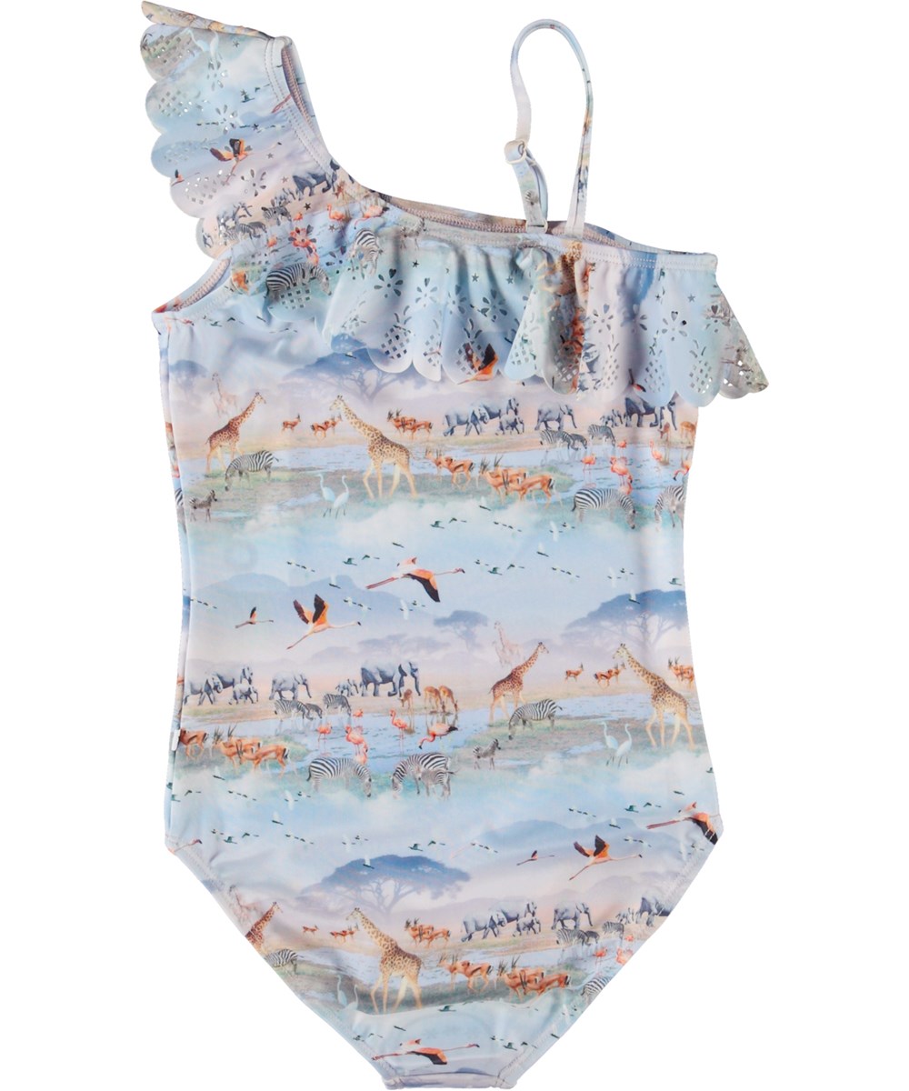 Net - Savannah Mist - Asymmetrical light blue swimsuit with animal print 