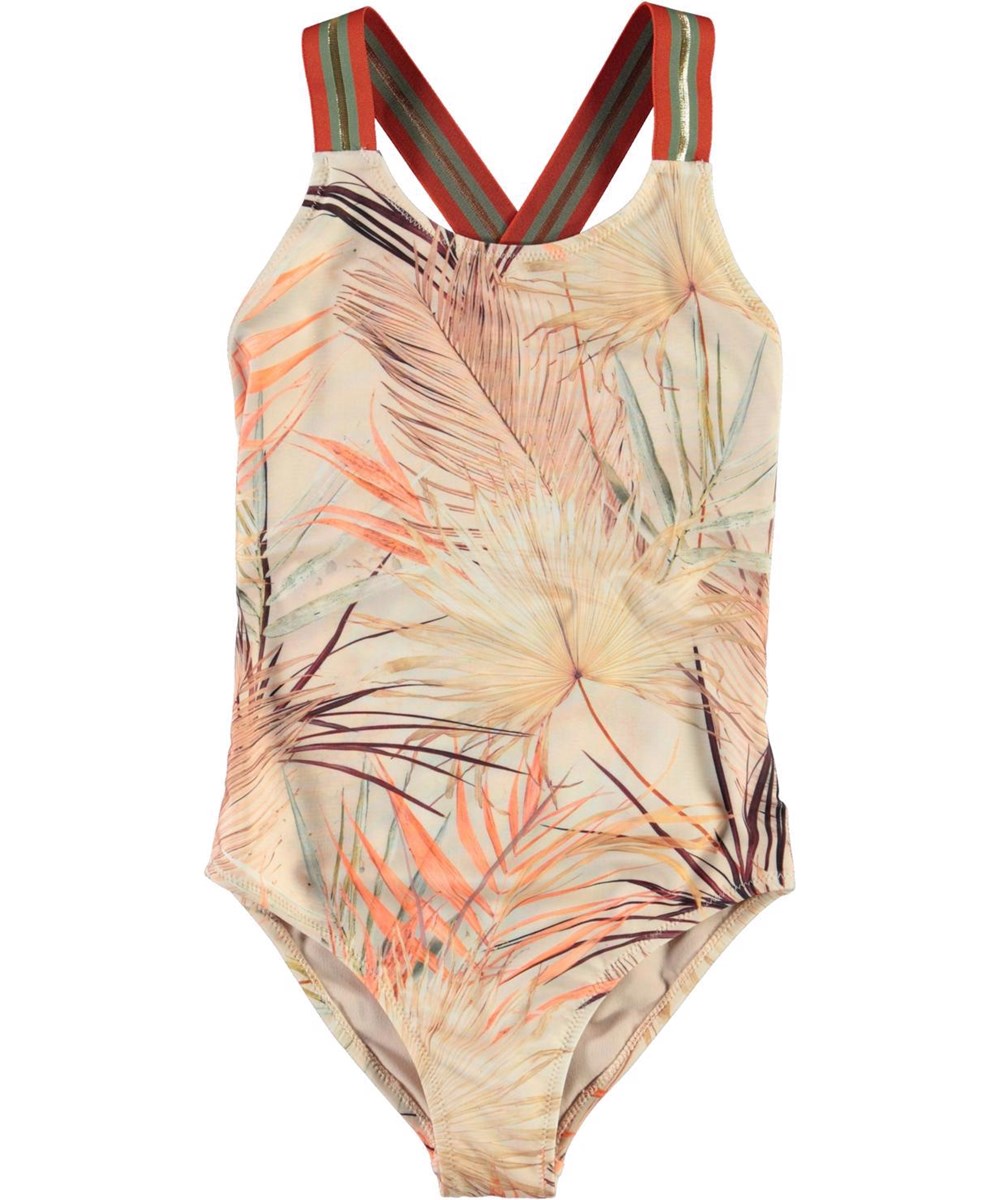 Neve - Palm Leaves - UV rose coloured swimsuit with palm leaves 