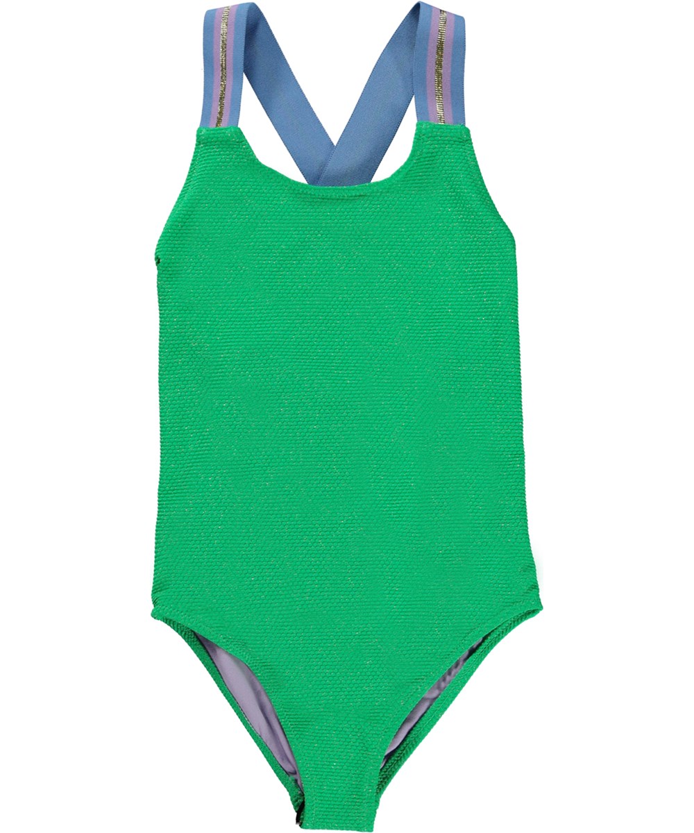 Neve - Bright Green - Green swimsuit with wide straps and textured surface
