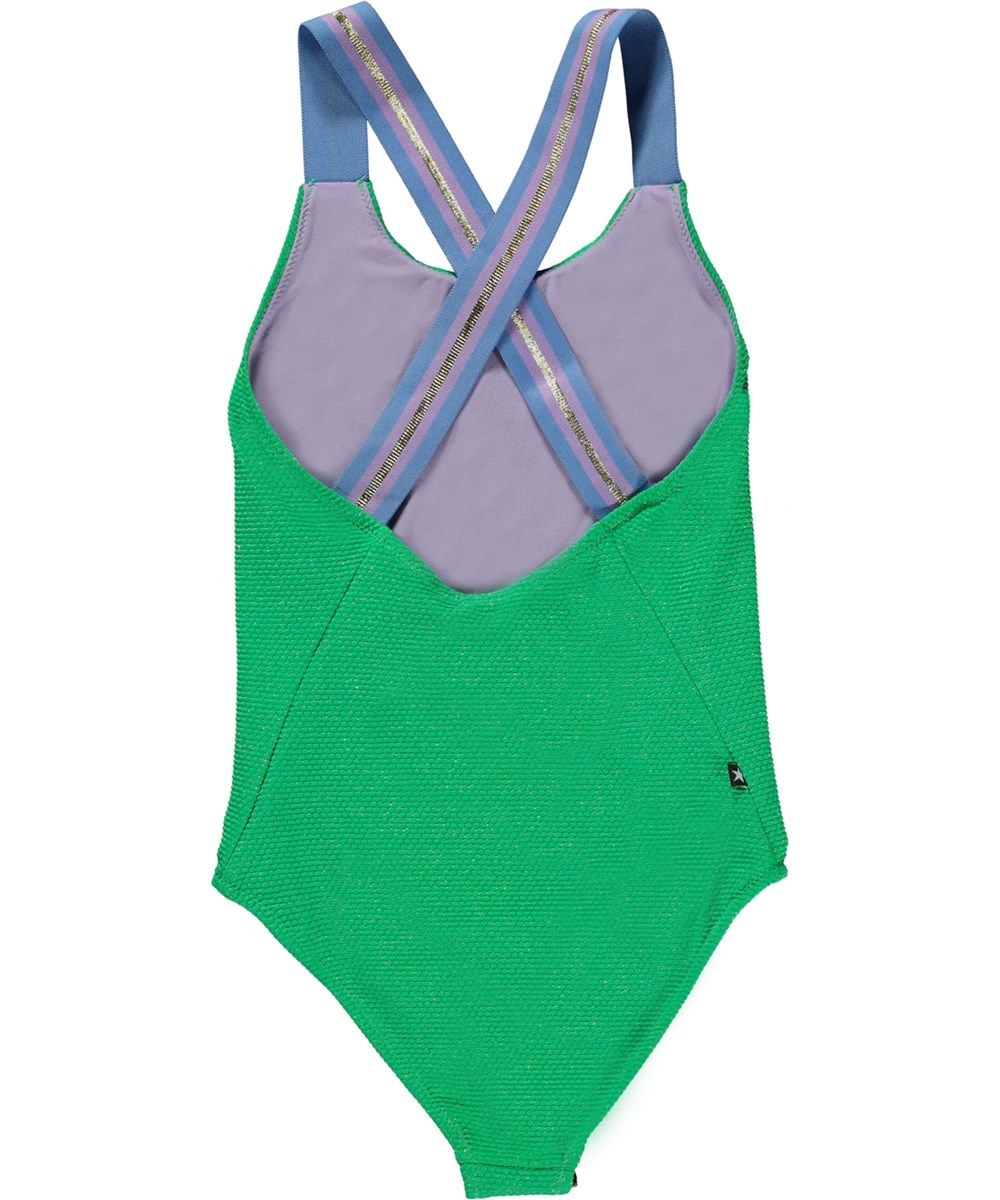 Neve - Bright Green - Green swimsuit with wide straps and textured surface
