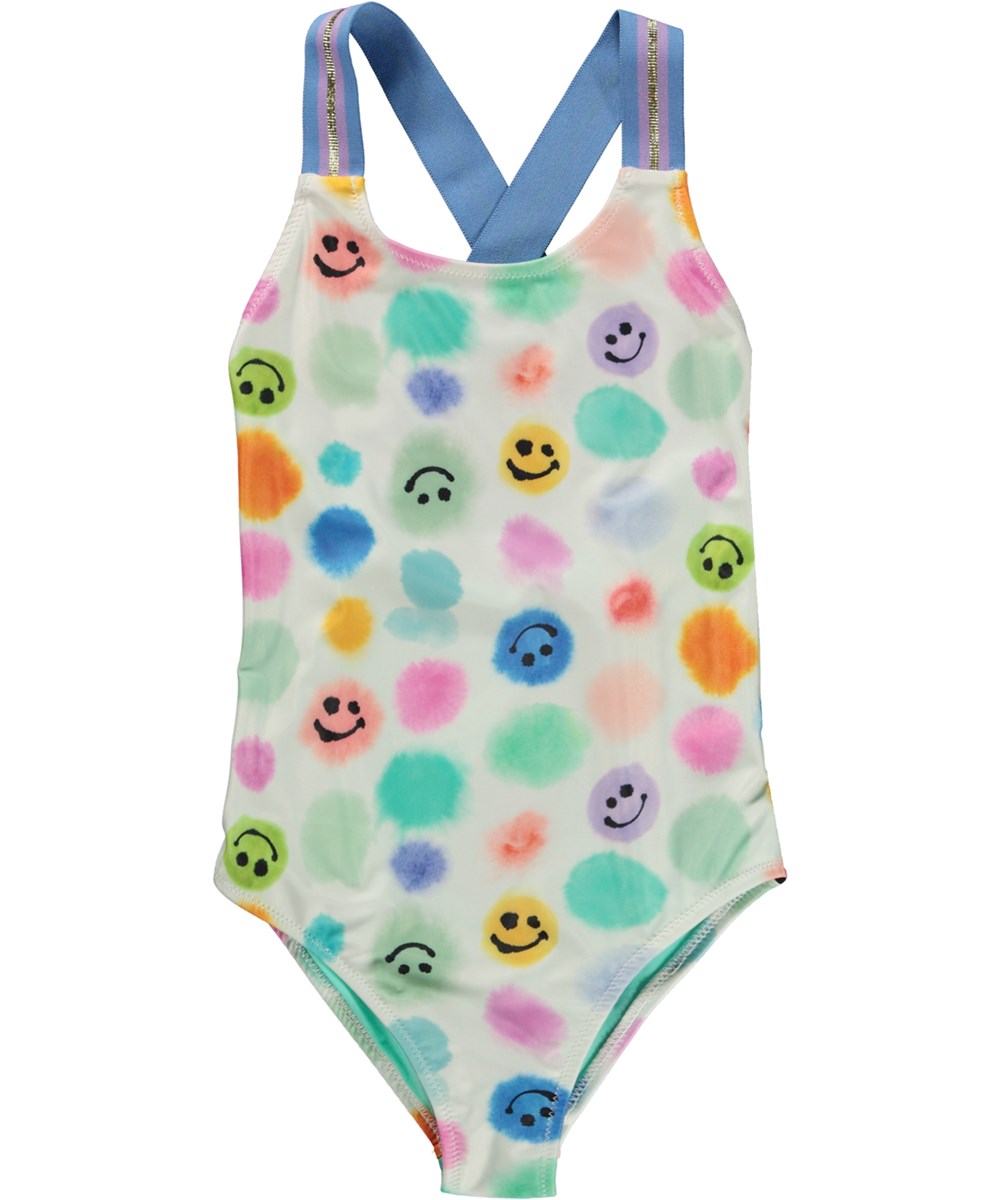 Neve - Painted  Dots - Multi-coloured swimsuit with wide straps and all over watercolour print