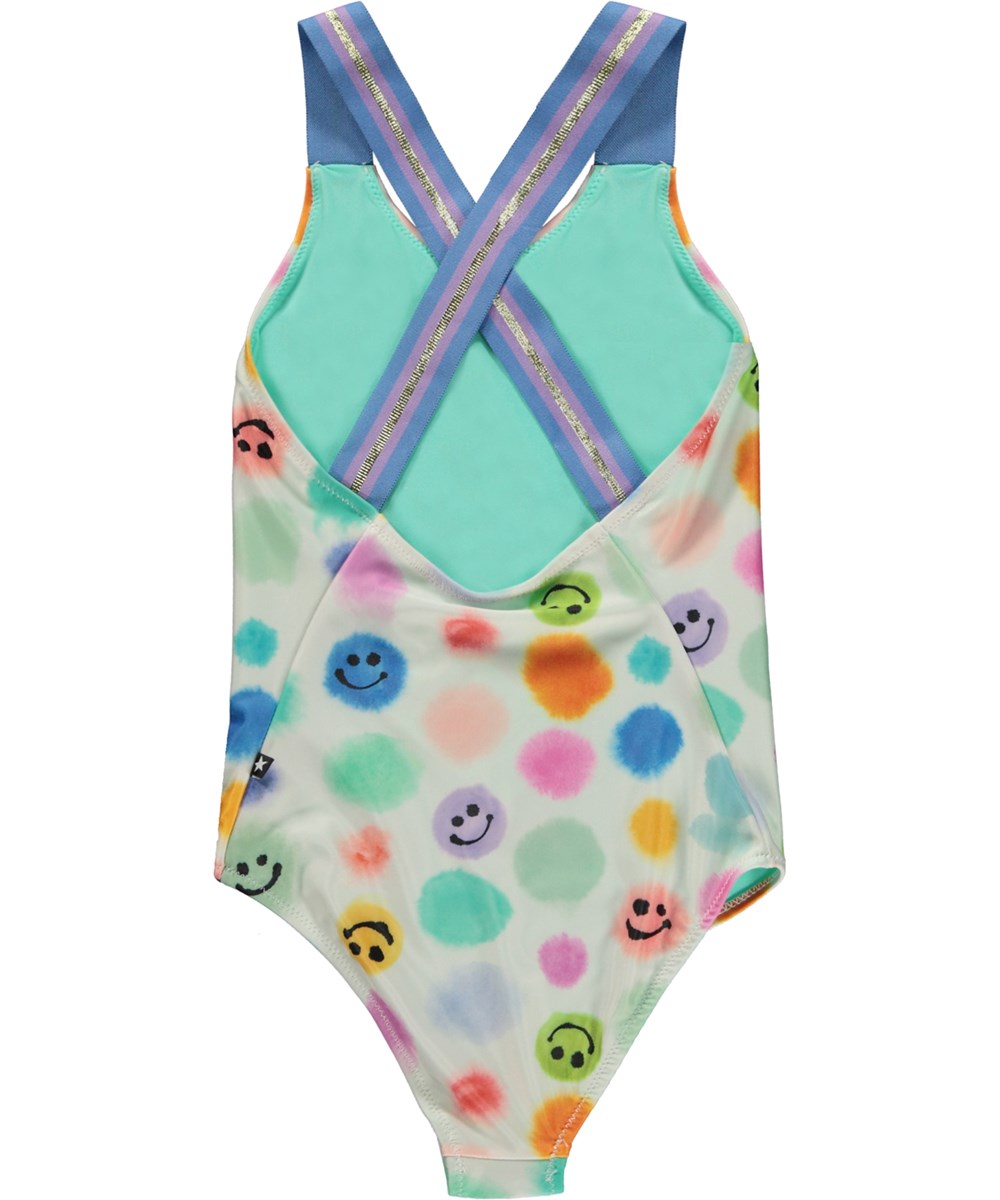 Neve - Painted  Dots - Multi-coloured swimsuit with wide straps and all over watercolour print