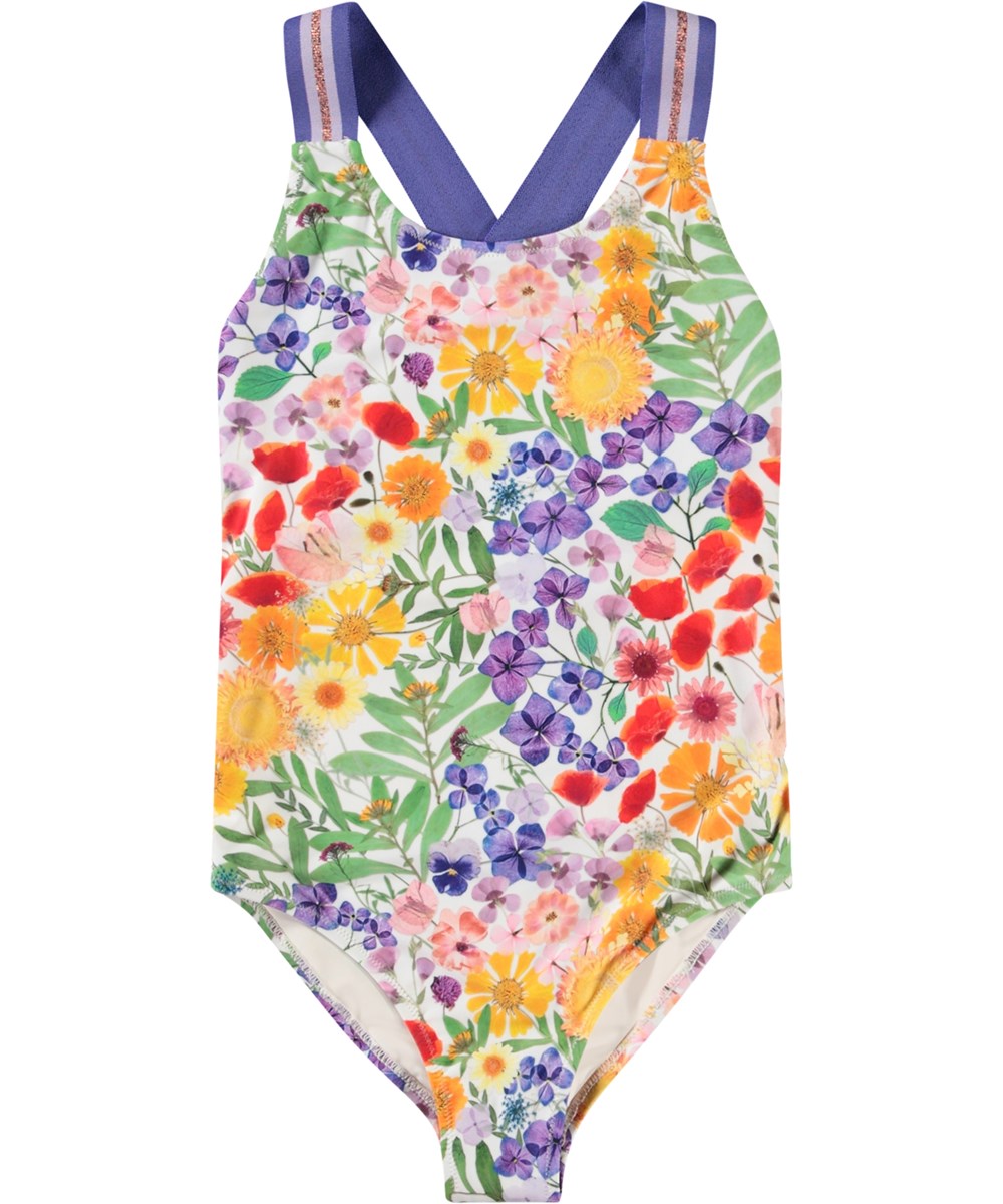 Neve - Flowerpress - Swimsuit with floral print for active children in recycled polyester and UV protection 50+.