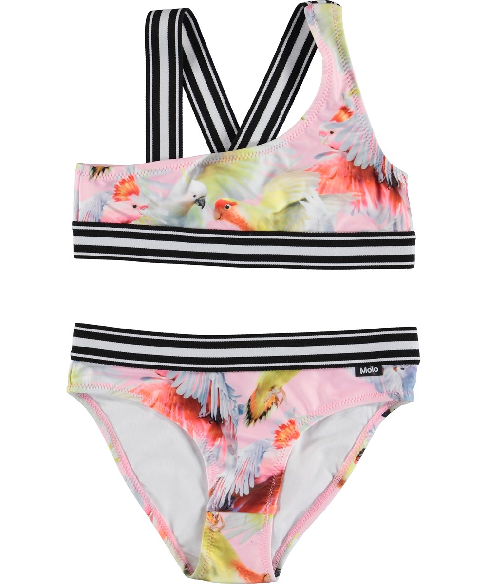 Nicola - Cockatoos - UV bikini with parrots and striped straps 