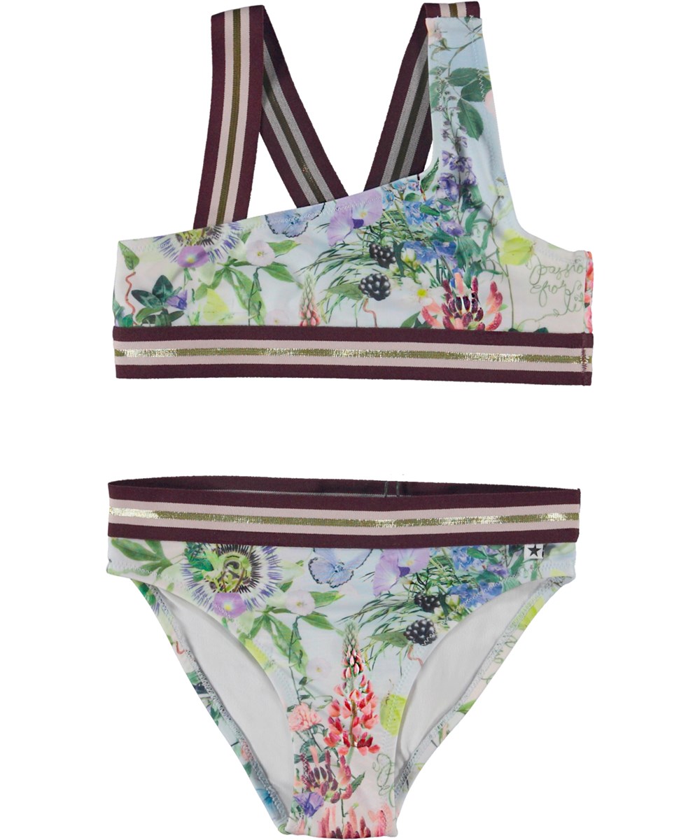 Nicola - Passion For Life - Recycled asymmetrical bikini in light blue with berries and flowers 