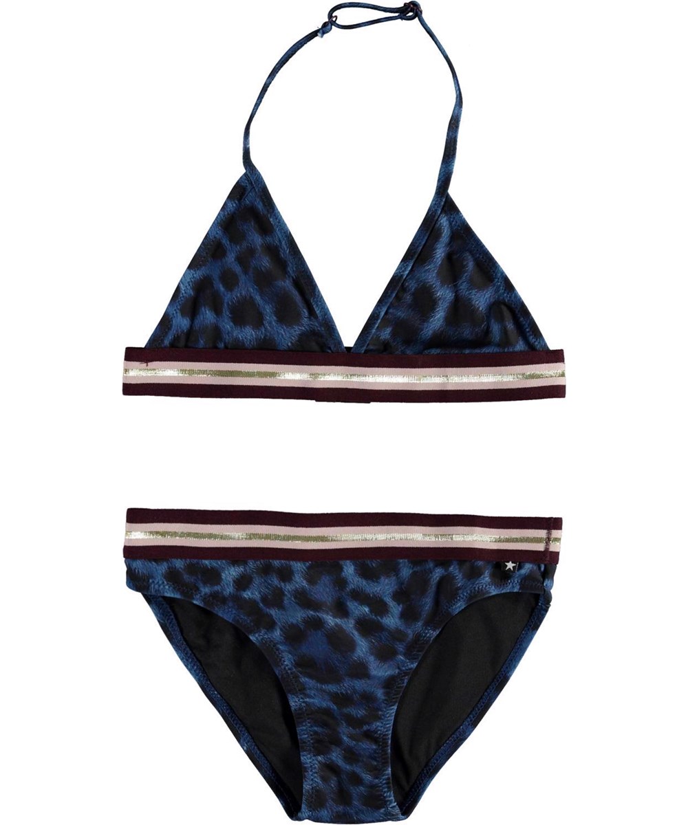 Nicoletta - Blue Jaguar - UV string bikini in blue with jaguar print and gold edge