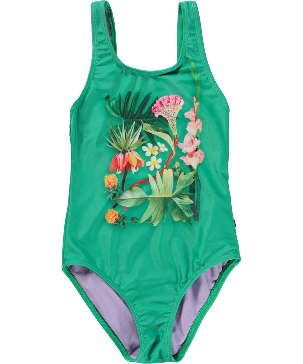 Nika - Flower Square - Green swimsuit with placement floral print