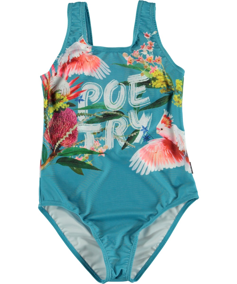 Nika - Flowers - Blue classic UV swimsuit with birds and flowers 