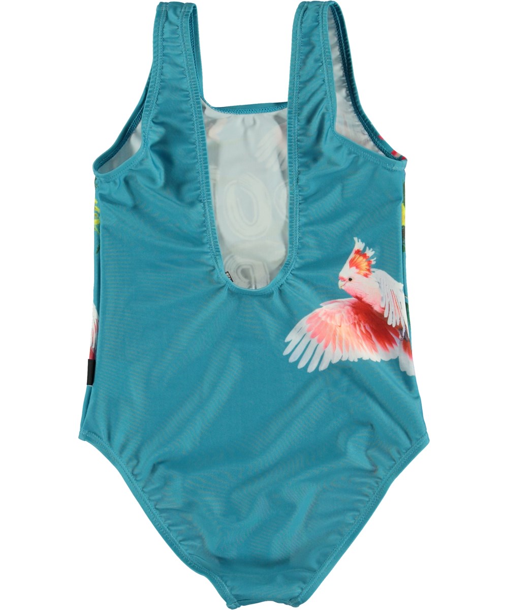 Nika - Flowers - Blue classic UV swimsuit with birds and flowers 