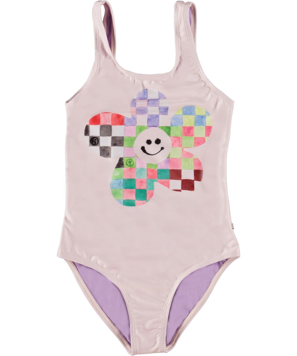 Nika - Happy Flower - Pink swimsuit with a checker placement print