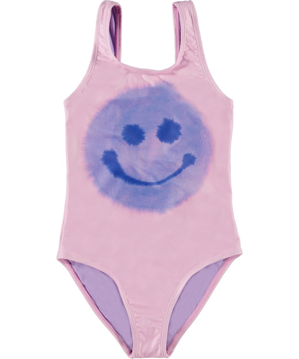 Nika - Lilac Smile - Pink swimsuit with purple smilig face print 