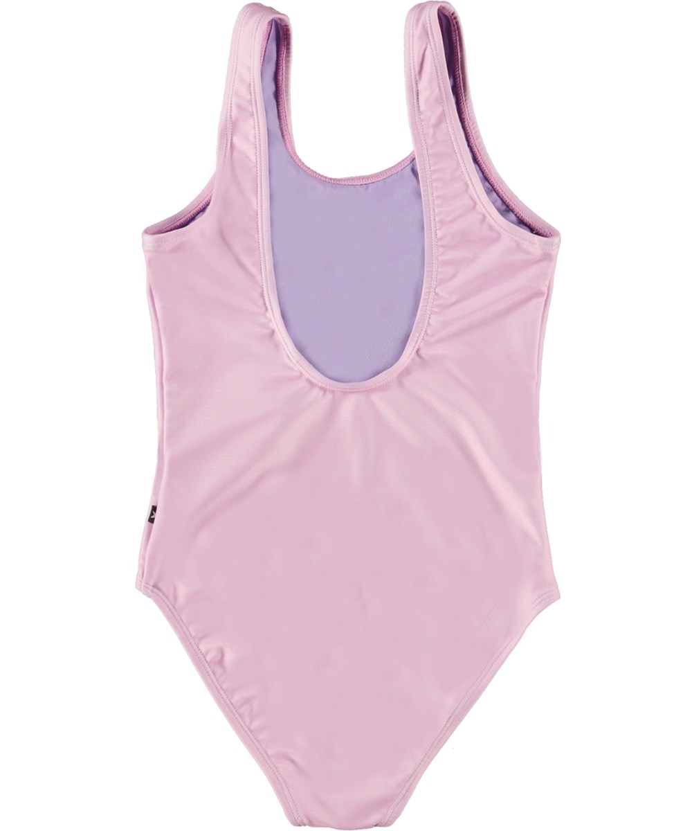 Nika - Lilac Smile - Pink swimsuit with purple smilig face print 