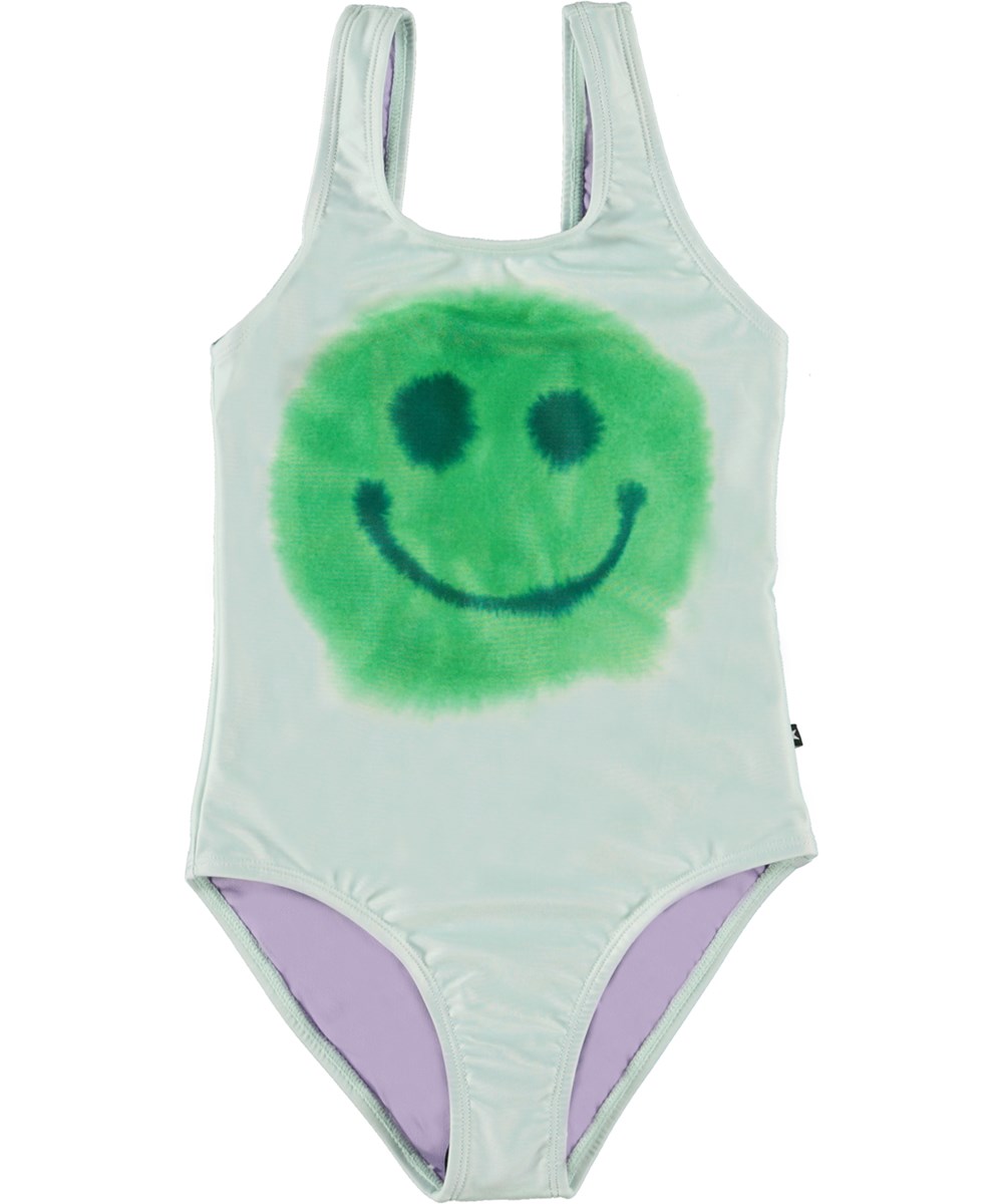 Nika - Meadow Smile - Light green swimsuit with green smiling face placement print 