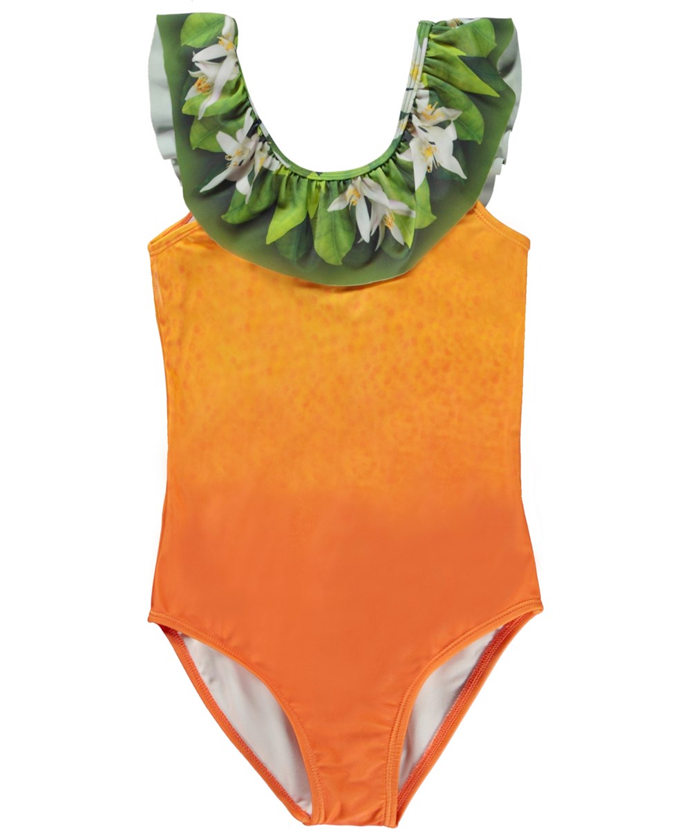 Nika - Orange - Recycled orange swimsuit with flower print