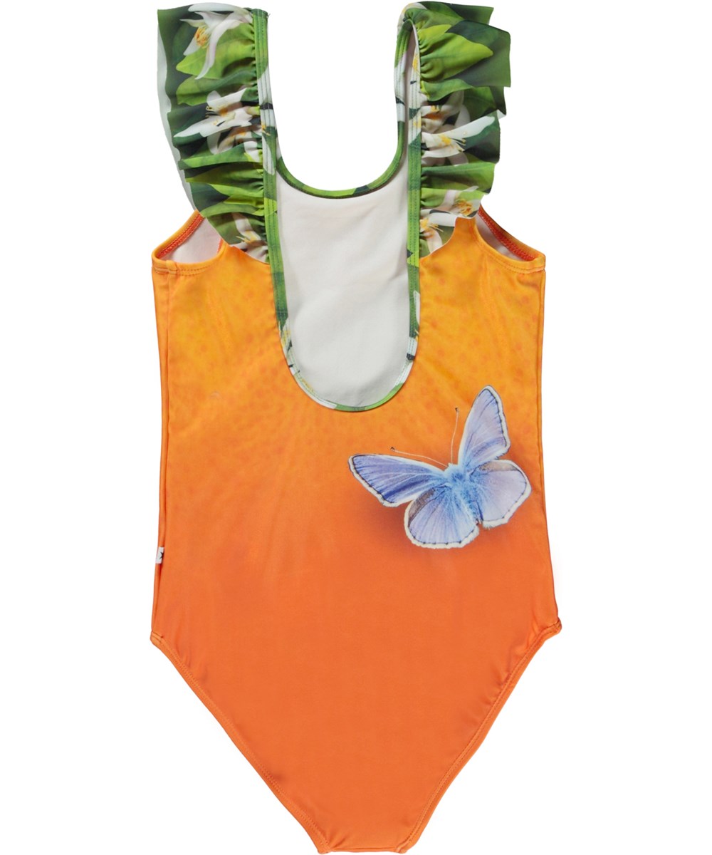 Nika - Orange - Recycled orange swimsuit with flower print