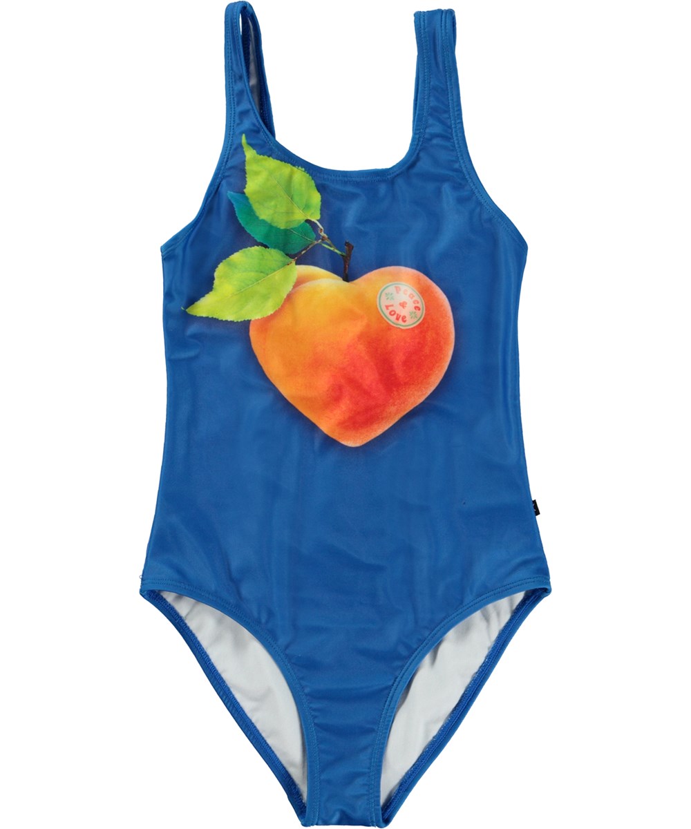 Nika - Peace - Love - Blue swimsuit with placement apricot print