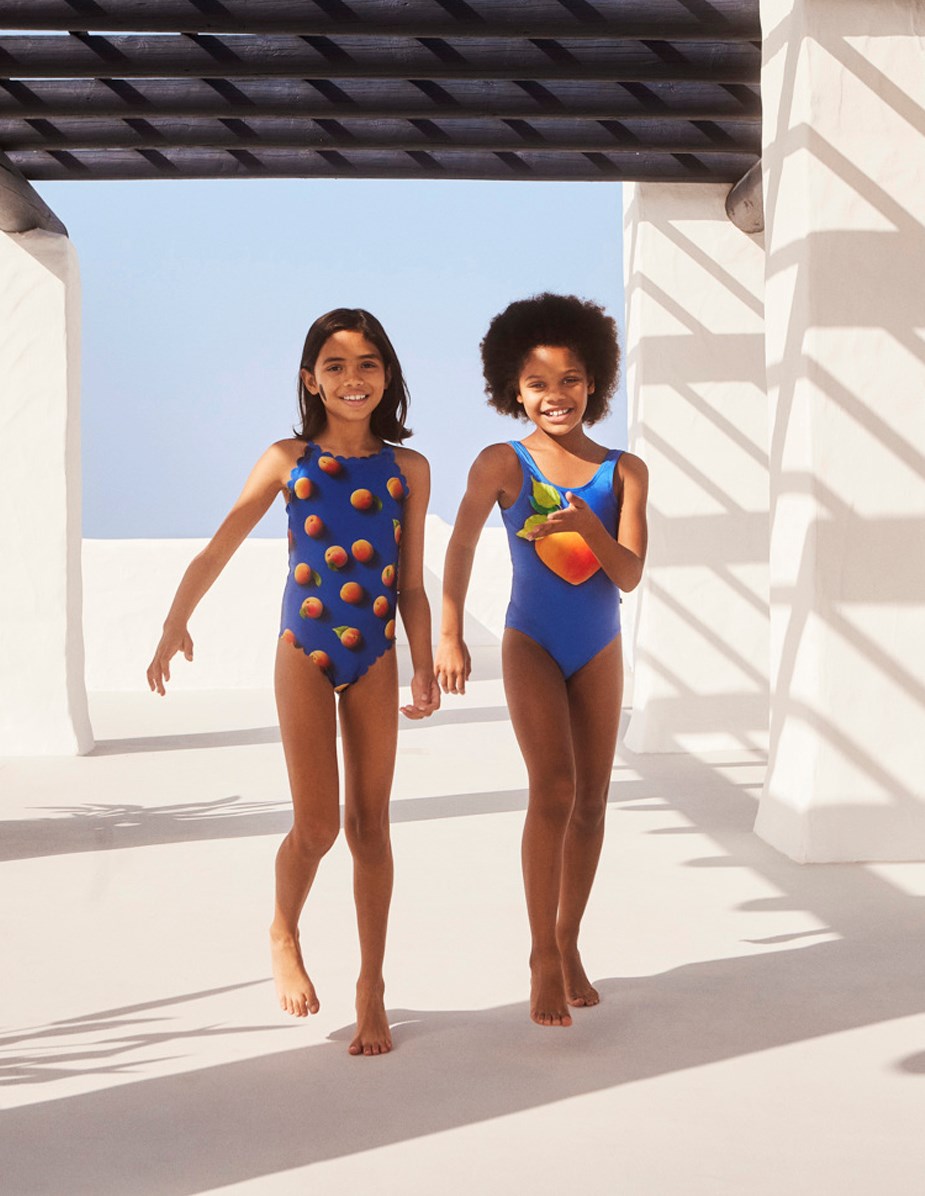 Nika - Peace - Love - Blue swimsuit with placement apricot print