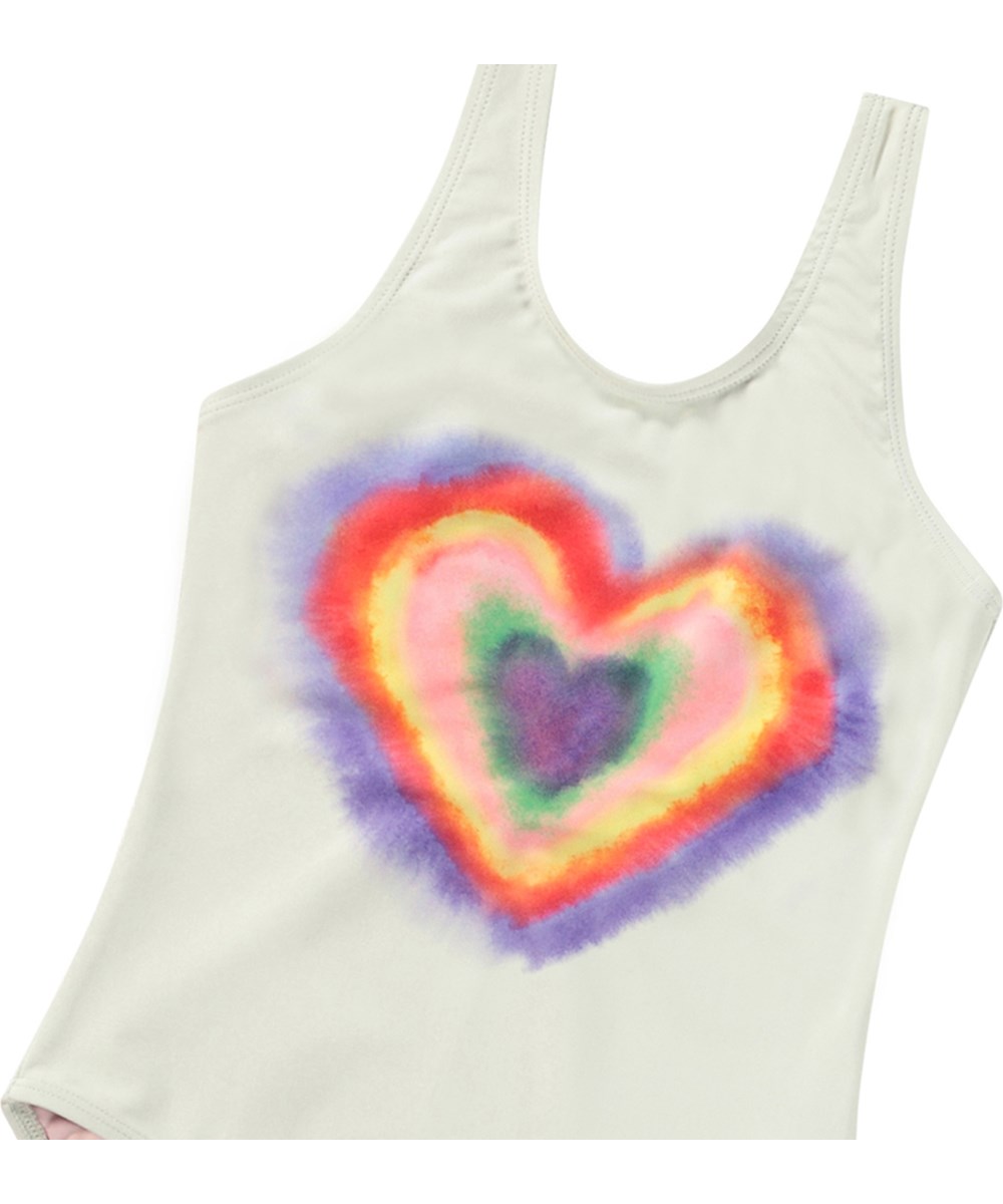Nika - Rainbow Heart - White swimsuit for active children in recycled polyester with UV protection 50+.