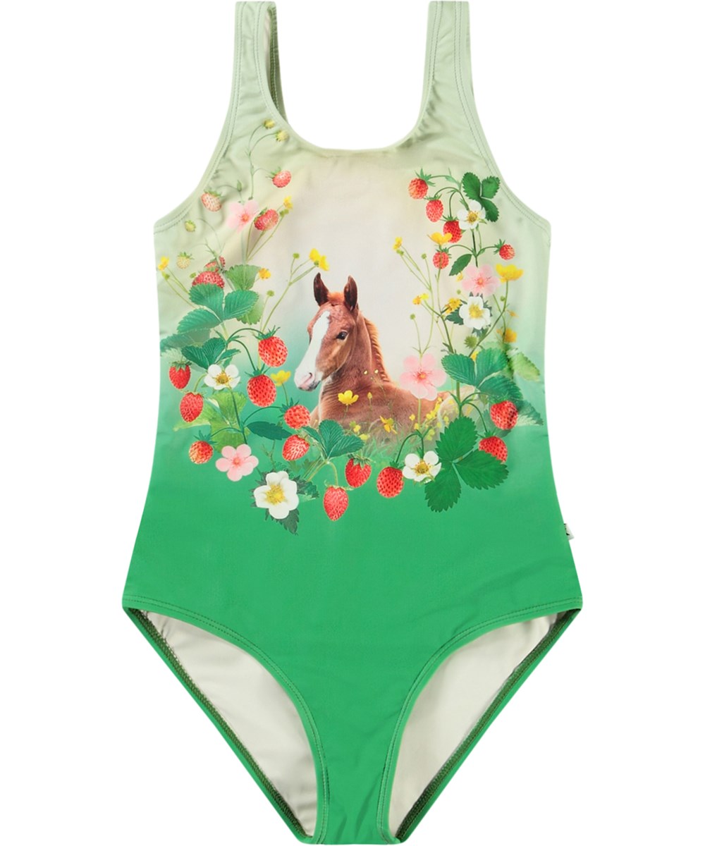 Nika - Beauty - Green swimsuit with print for active children in recycled polyester with UV protection 50+.