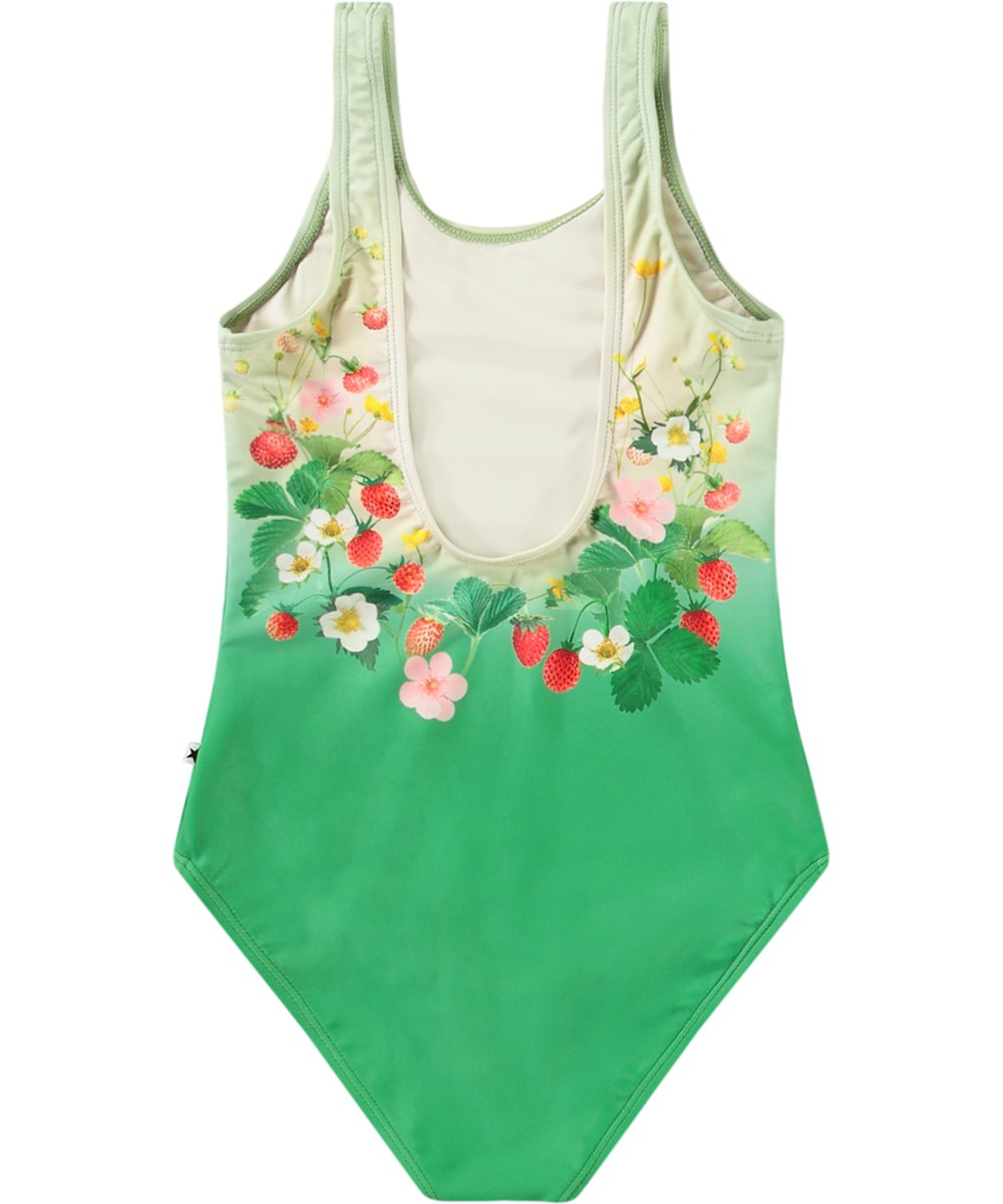 Nika - Beauty - Green swimsuit with print for active children in recycled polyester with UV protection 50+.