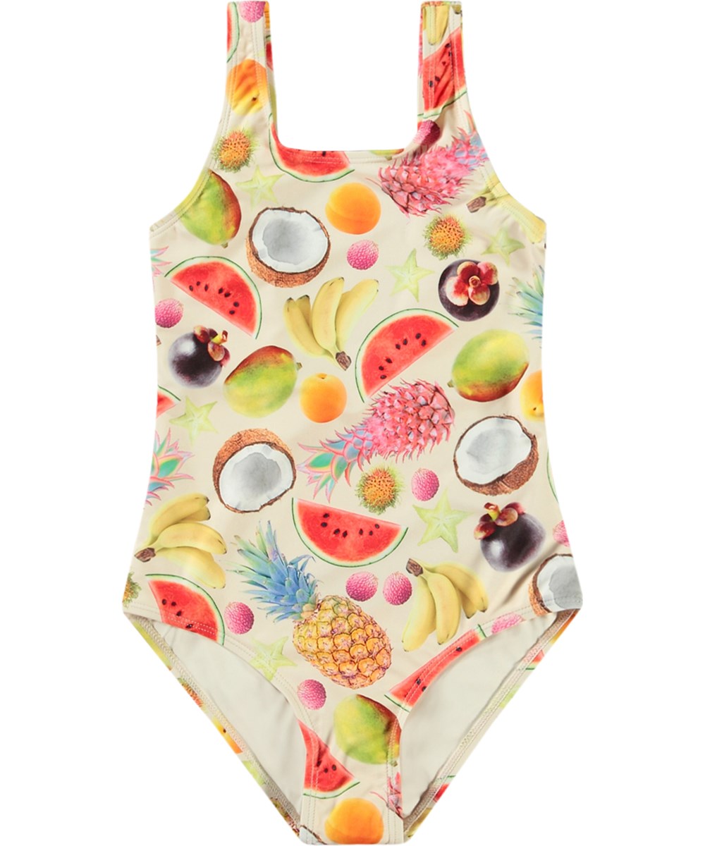 Nika - Magical Fruits - Swimsuit with print for active children in recycled polyester with UV protection 50+.