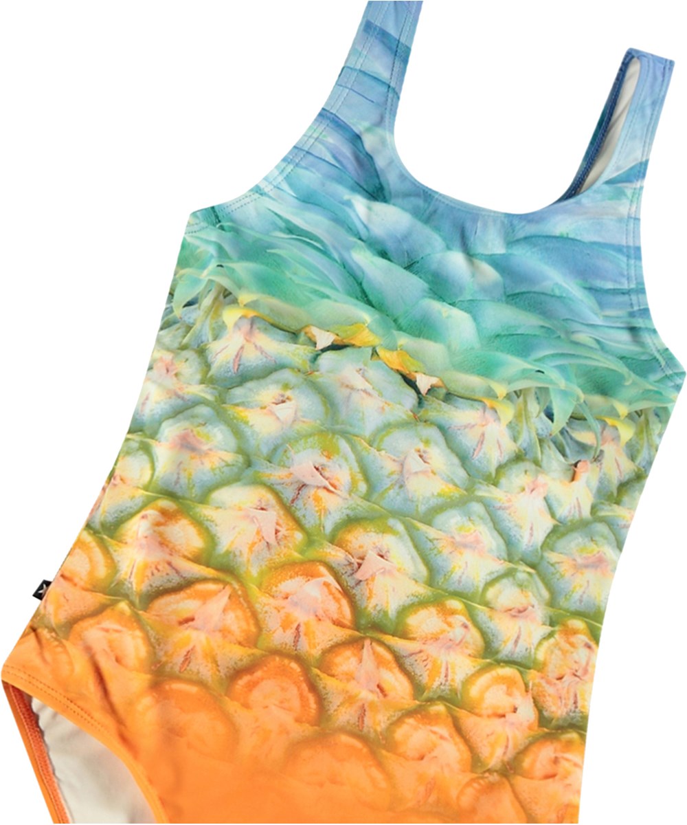 Nika - Pineapple - Swimsuit with print for active children in recycled polyester with UV protection 50+.