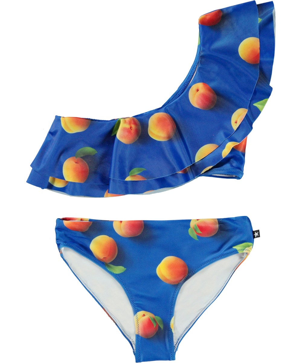 Nikkie - Apricot - Dark blue asymmetrical bikini with ruffles and apricot print