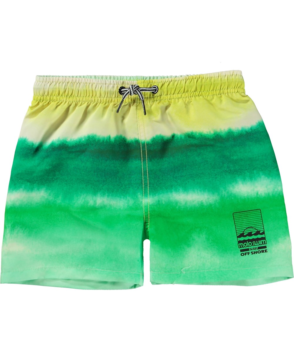 Niko - Aqua Green - Green and yellow swim shorts with short legs and placement watercolour print 