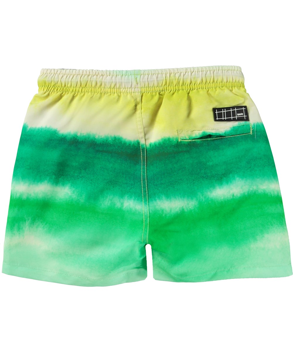 Niko - Aqua Green - Green and yellow swim shorts with short legs and placement watercolour print 