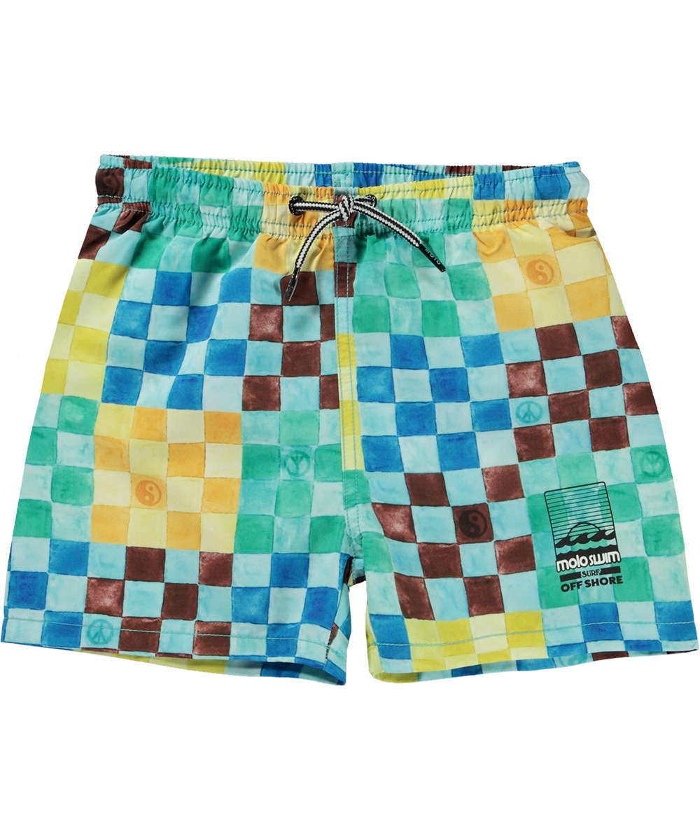 Niko - Big Check - Multi-coloured swim shorts with short legs and all over watercolour check print