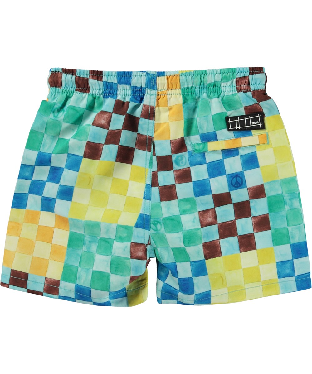 Niko - Big Check - Multi-coloured swim shorts with short legs and all over watercolour check print